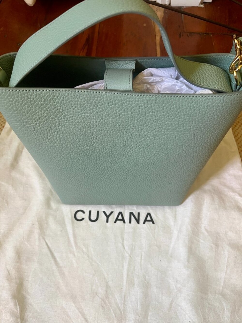 CUYANA Linea Bucket Bag in Mint, Pebbled Leather Tote Purse - Picture 6 of 9